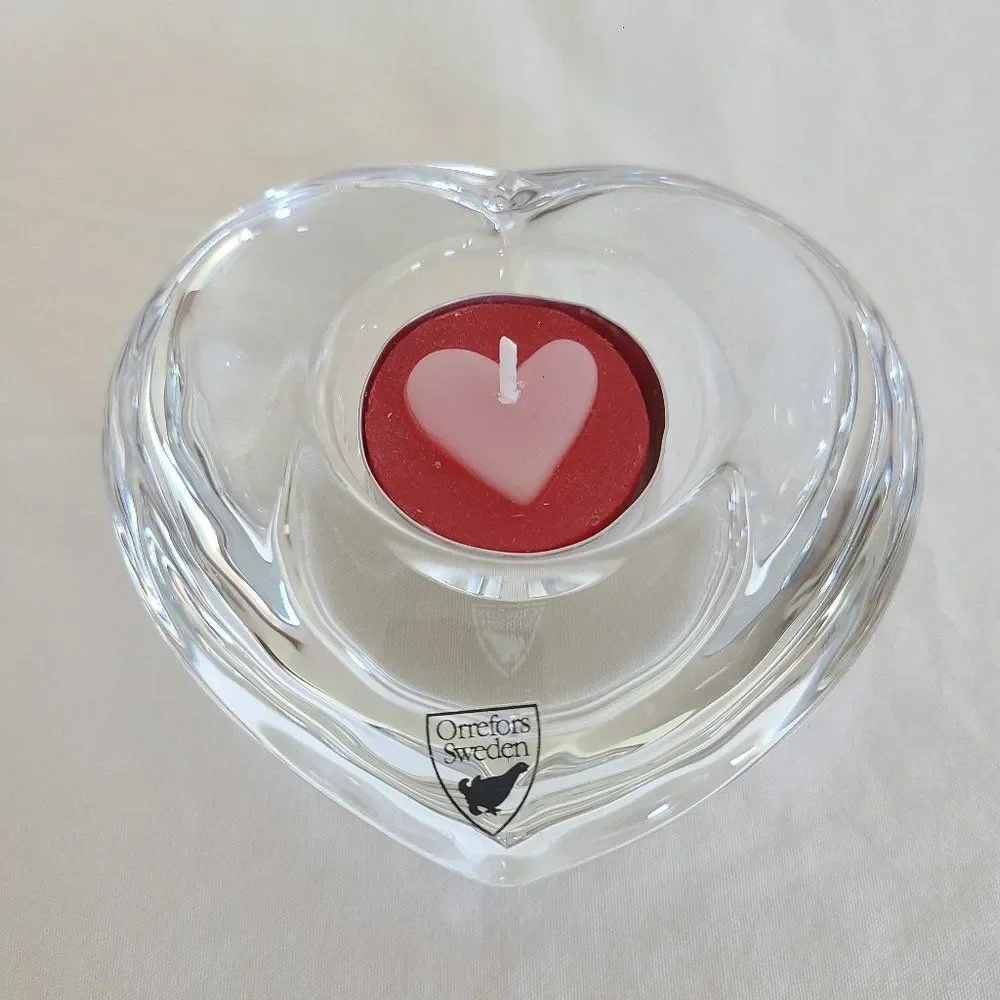 Orrefors Sweden Amour Heart Shaped Crystal Votive Tealight Candleholder Nordic